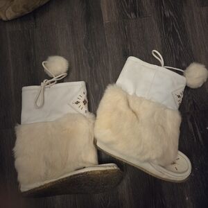 White and Cream Fur Boots with Pom Poms